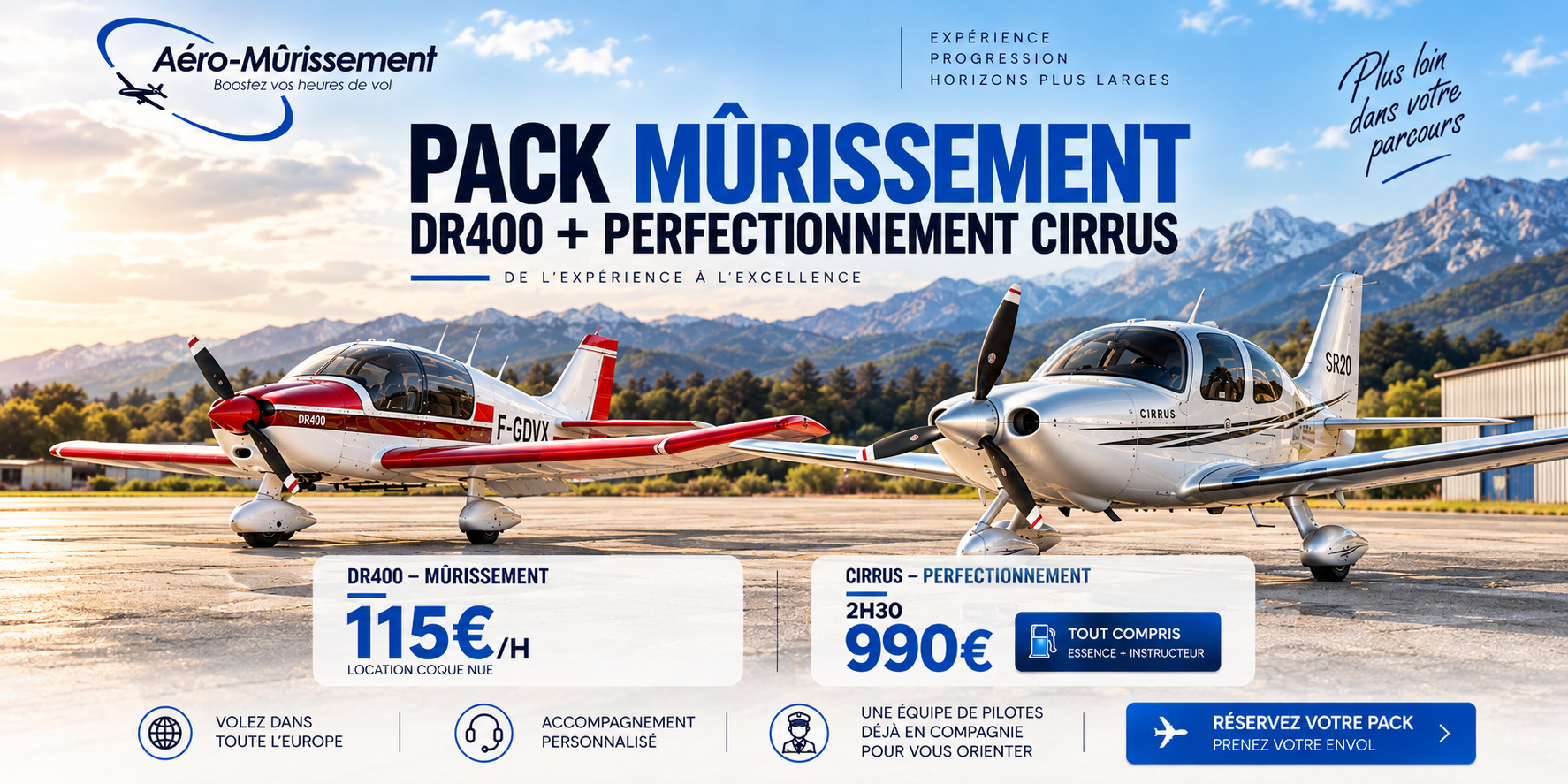 Pack mûrissement pilote avec location DR400 et perfectionnement Cirrus en France, proposé par Aéro-Mûrissement pour développer ses heures de vol et préparer le CPL.